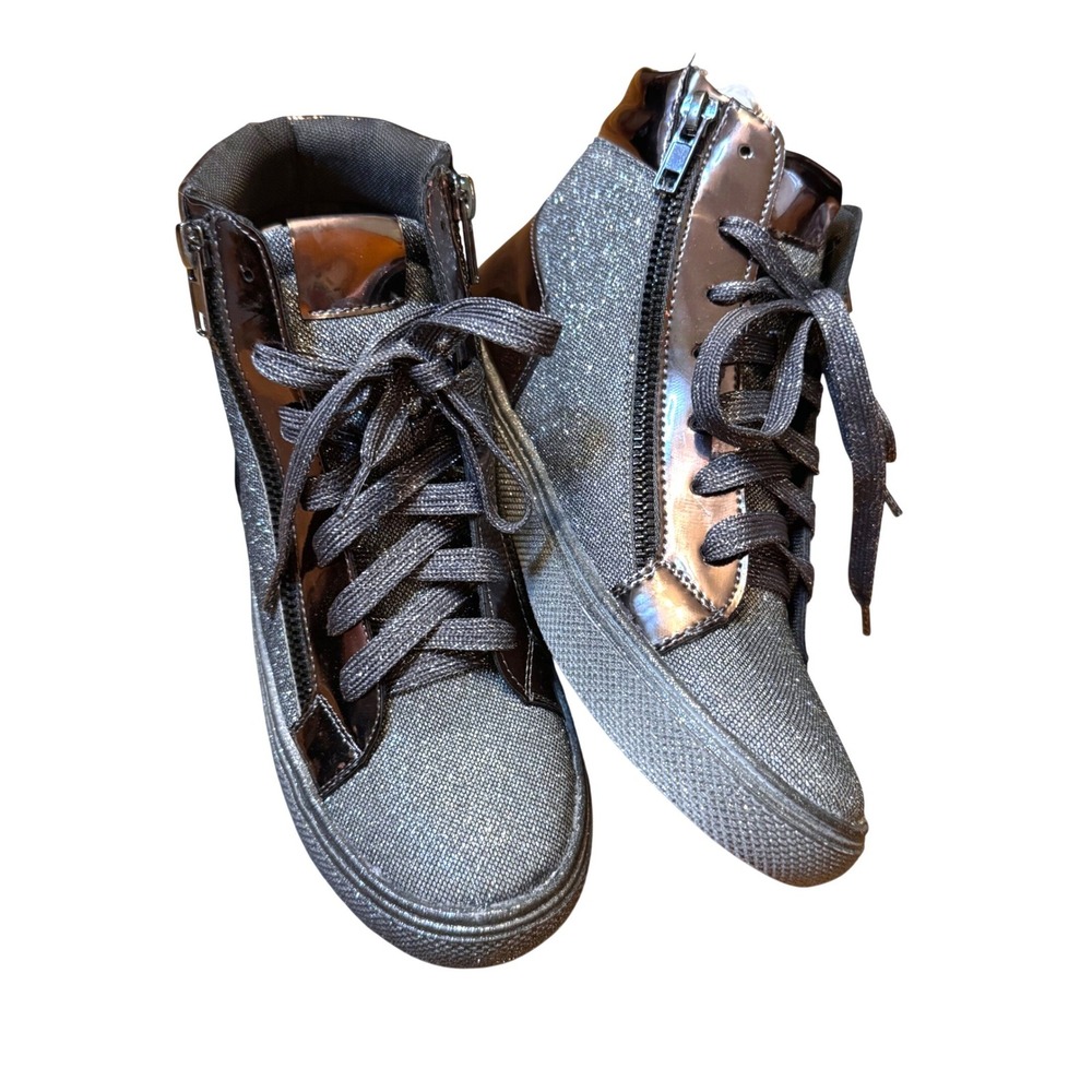 NWOT Gunmetal Glitter High Top Sneakers Pewter Metallic Zip Up Shoes Size 6